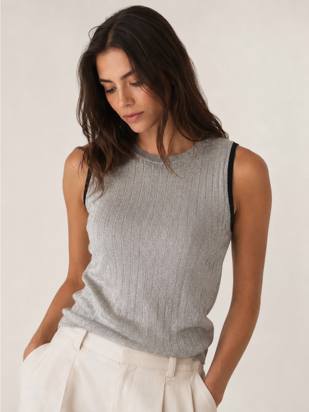 Paul Smith Metallic Silver Ribbed Knit Sleeveless Tank Top Black Trim Sz Medium